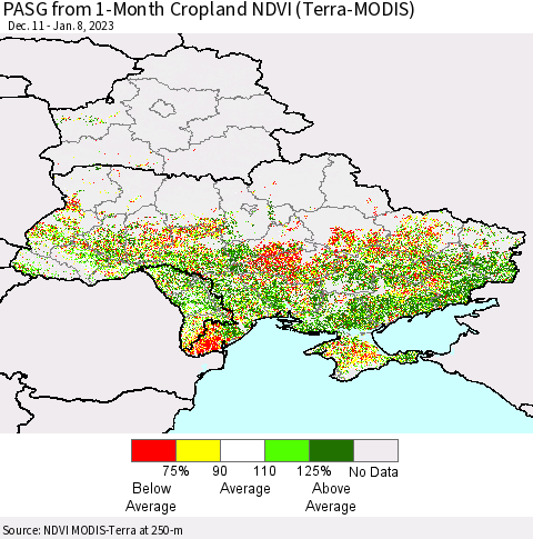 Ukraine, Moldova and Belarus PASG from 1-Month Cropland NDVI (Terra-MODIS) Thematic Map For 1/1/2023 - 1/8/2023