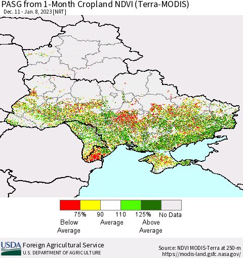Ukraine, Moldova and Belarus PASG from 1-Month Cropland NDVI (Terra-MODIS) Thematic Map For 1/1/2023 - 1/10/2023