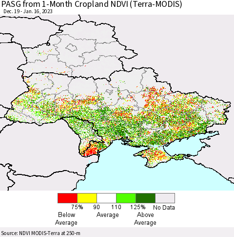 Ukraine, Moldova and Belarus PASG from 1-Month Cropland NDVI (Terra-MODIS) Thematic Map For 1/9/2023 - 1/16/2023