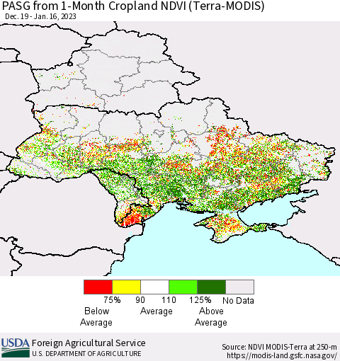 Ukraine, Moldova and Belarus PASG from 1-Month Cropland NDVI (Terra-MODIS) Thematic Map For 1/11/2023 - 1/20/2023