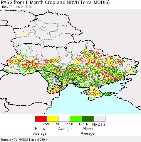 Ukraine, Moldova and Belarus PASG from 1-Month Cropland NDVI (Terra-MODIS) Thematic Map For 1/17/2023 - 1/24/2023