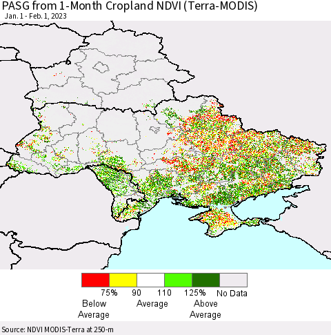 Ukraine, Moldova and Belarus PASG from 1-Month Cropland NDVI (Terra-MODIS) Thematic Map For 1/25/2023 - 2/1/2023