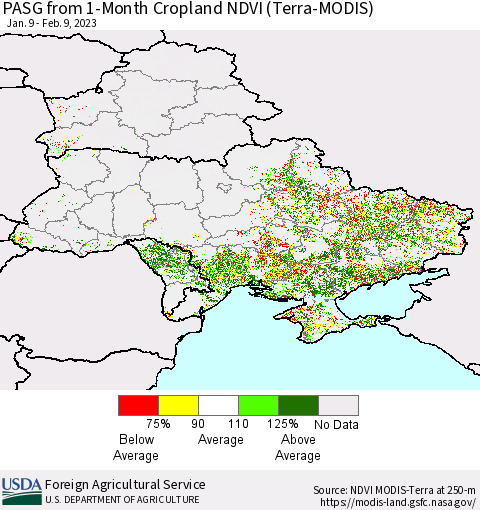 Ukraine, Moldova and Belarus PASG from 1-Month Cropland NDVI (Terra-MODIS) Thematic Map For 2/1/2023 - 2/10/2023