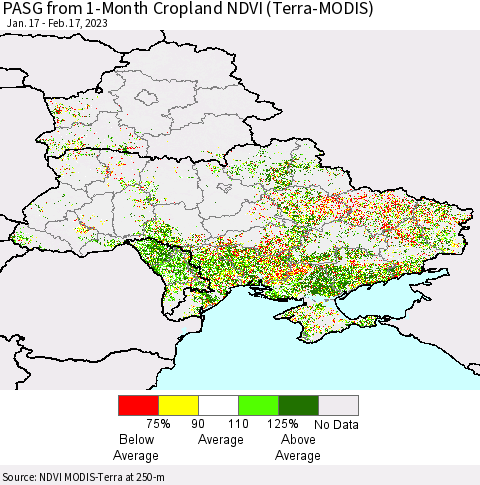 Ukraine, Moldova and Belarus PASG from 1-Month Cropland NDVI (Terra-MODIS) Thematic Map For 2/10/2023 - 2/17/2023