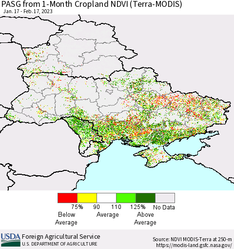 Ukraine, Moldova and Belarus PASG from 1-Month Cropland NDVI (Terra-MODIS) Thematic Map For 2/11/2023 - 2/20/2023