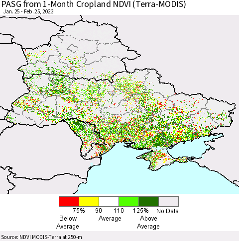 Ukraine, Moldova and Belarus PASG from 1-Month Cropland NDVI (Terra-MODIS) Thematic Map For 2/18/2023 - 2/25/2023