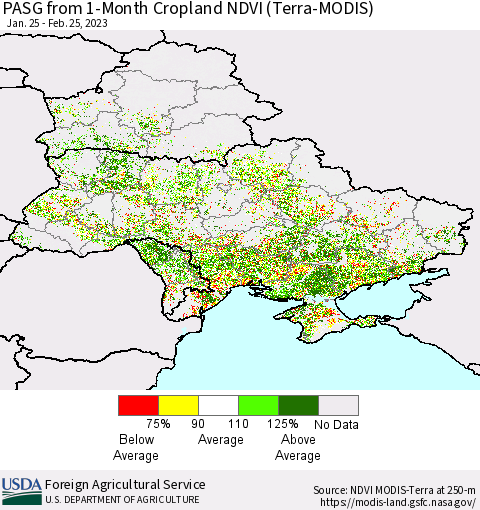 Ukraine, Moldova and Belarus PASG from 1-Month Cropland NDVI (Terra-MODIS) Thematic Map For 2/21/2023 - 2/28/2023