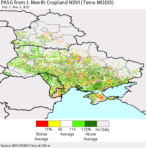 Ukraine, Moldova and Belarus PASG from 1-Month Cropland NDVI (Terra-MODIS) Thematic Map For 2/26/2023 - 3/5/2023