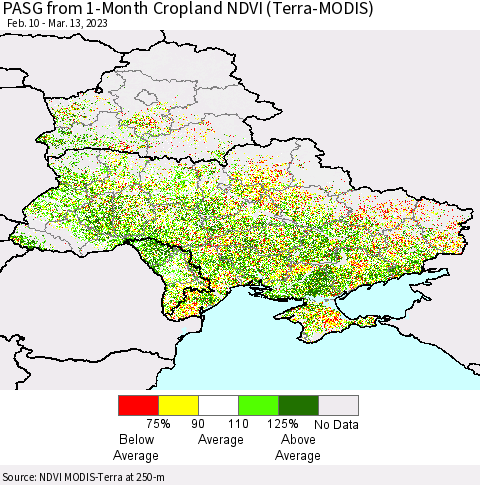 Ukraine, Moldova and Belarus PASG from 1-Month Cropland NDVI (Terra-MODIS) Thematic Map For 3/6/2023 - 3/13/2023