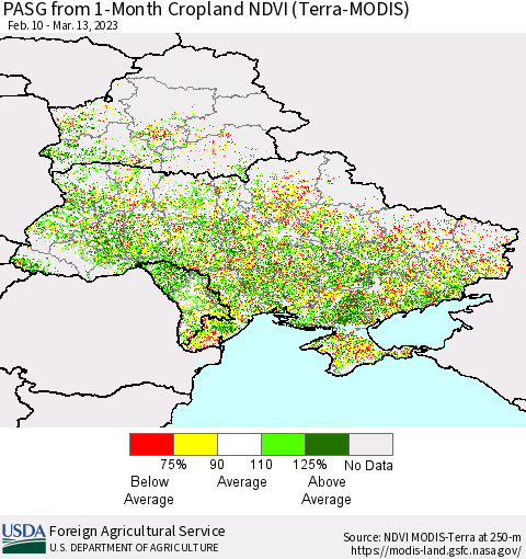 Ukraine, Moldova and Belarus PASG from 1-Month Cropland NDVI (Terra-MODIS) Thematic Map For 3/11/2023 - 3/20/2023