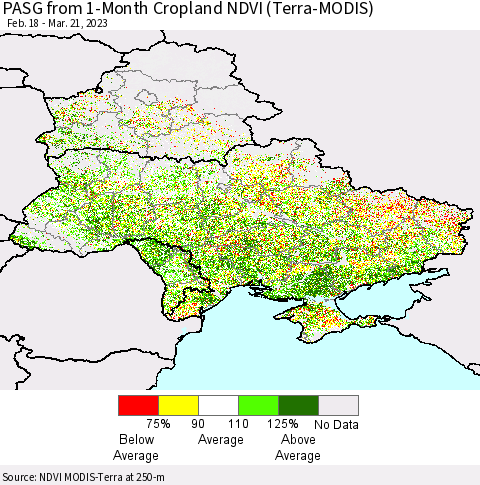 Ukraine, Moldova and Belarus PASG from 1-Month Cropland NDVI (Terra-MODIS) Thematic Map For 3/14/2023 - 3/21/2023