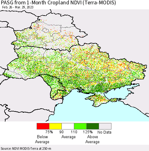 Ukraine, Moldova and Belarus PASG from 1-Month Cropland NDVI (Terra-MODIS) Thematic Map For 3/22/2023 - 3/29/2023