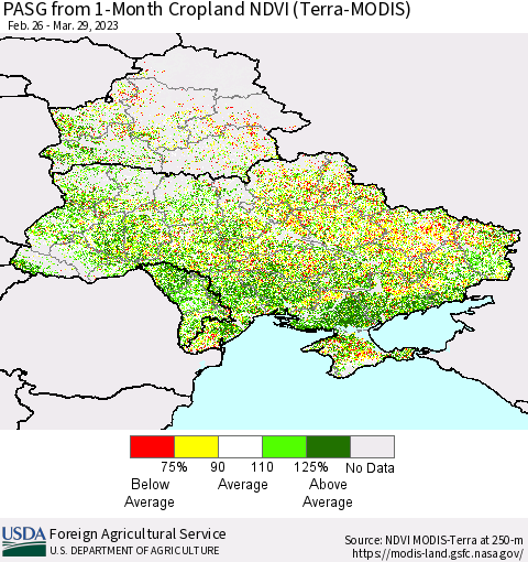 Ukraine, Moldova and Belarus PASG from 1-Month Cropland NDVI (Terra-MODIS) Thematic Map For 3/21/2023 - 3/31/2023
