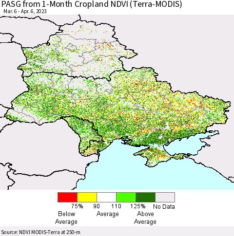 Ukraine, Moldova and Belarus PASG from 1-Month Cropland NDVI (Terra-MODIS) Thematic Map For 3/30/2023 - 4/6/2023
