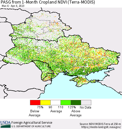 Ukraine, Moldova and Belarus PASG from 1-Month Cropland NDVI (Terra-MODIS) Thematic Map For 4/1/2023 - 4/10/2023