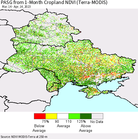 Ukraine, Moldova and Belarus PASG from 1-Month Cropland NDVI (Terra-MODIS) Thematic Map For 4/7/2023 - 4/14/2023