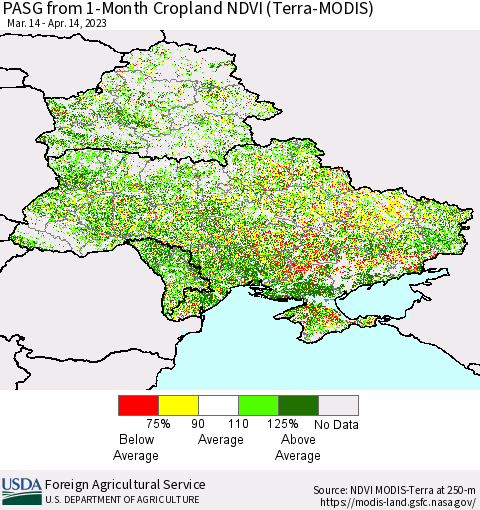 Ukraine, Moldova and Belarus PASG from 1-Month Cropland NDVI (Terra-MODIS) Thematic Map For 4/11/2023 - 4/20/2023