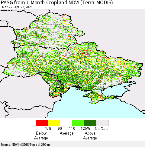 Ukraine, Moldova and Belarus PASG from 1-Month Cropland NDVI (Terra-MODIS) Thematic Map For 4/15/2023 - 4/22/2023