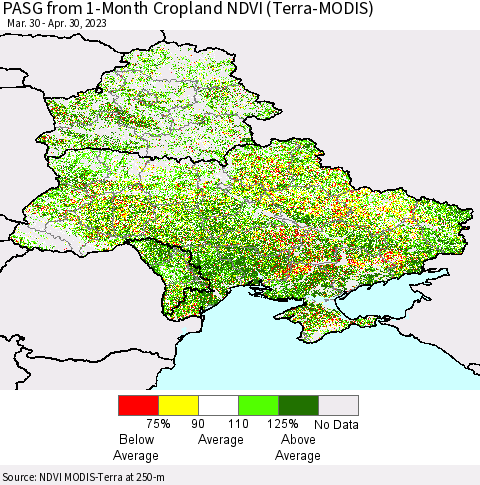 Ukraine, Moldova and Belarus PASG from 1-Month Cropland NDVI (Terra-MODIS) Thematic Map For 4/21/2023 - 4/30/2023