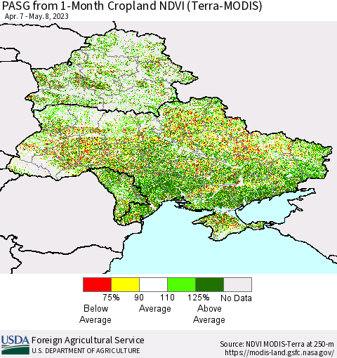 Ukraine, Moldova and Belarus PASG from 1-Month Cropland NDVI (Terra-MODIS) Thematic Map For 5/1/2023 - 5/10/2023