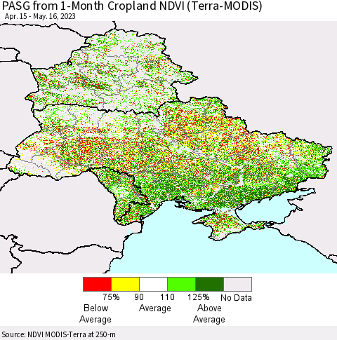 Ukraine, Moldova and Belarus PASG from 1-Month Cropland NDVI (Terra-MODIS) Thematic Map For 5/9/2023 - 5/16/2023
