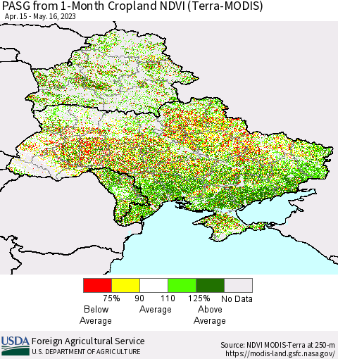 Ukraine, Moldova and Belarus PASG from 1-Month Cropland NDVI (Terra-MODIS) Thematic Map For 5/11/2023 - 5/20/2023