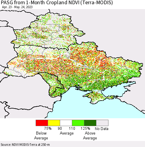 Ukraine, Moldova and Belarus PASG from 1-Month Cropland NDVI (Terra-MODIS) Thematic Map For 5/17/2023 - 5/24/2023
