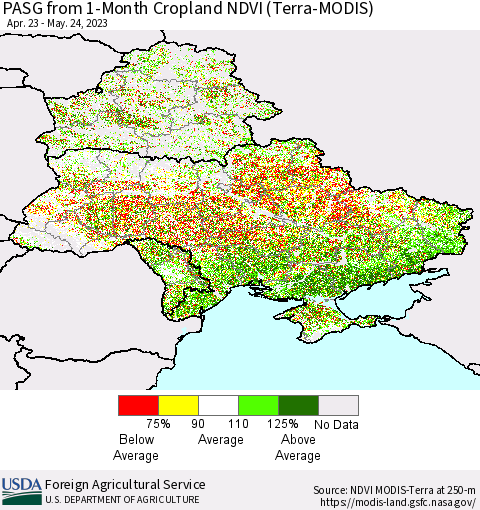Ukraine, Moldova and Belarus PASG from 1-Month Cropland NDVI (Terra-MODIS) Thematic Map For 5/21/2023 - 5/31/2023