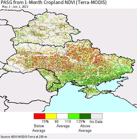 Ukraine, Moldova and Belarus PASG from 1-Month Cropland NDVI (Terra-MODIS) Thematic Map For 5/25/2023 - 6/1/2023