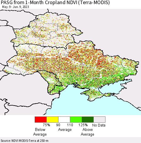Ukraine, Moldova and Belarus PASG from 1-Month Cropland NDVI (Terra-MODIS) Thematic Map For 6/2/2023 - 6/9/2023