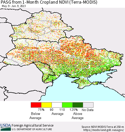 Ukraine, Moldova and Belarus PASG from 1-Month Cropland NDVI (Terra-MODIS) Thematic Map For 6/1/2023 - 6/10/2023