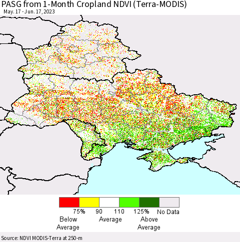 Ukraine, Moldova and Belarus PASG from 1-Month Cropland NDVI (Terra-MODIS) Thematic Map For 6/10/2023 - 6/17/2023