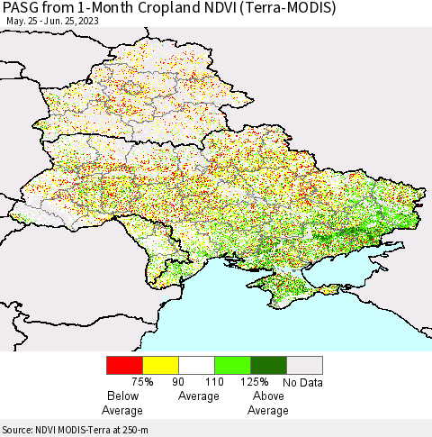 Ukraine, Moldova and Belarus PASG from 1-Month Cropland NDVI (Terra-MODIS) Thematic Map For 6/18/2023 - 6/25/2023