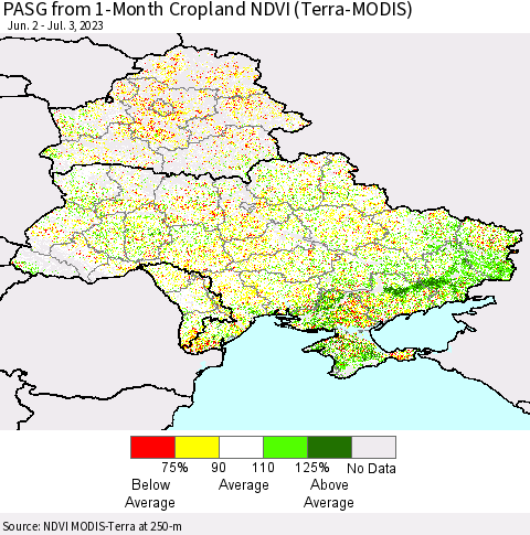 Ukraine, Moldova and Belarus PASG from 1-Month Cropland NDVI (Terra-MODIS) Thematic Map For 6/26/2023 - 7/3/2023