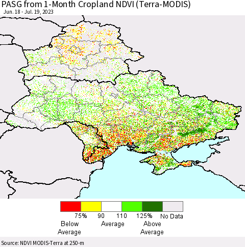 Ukraine, Moldova and Belarus PASG from 1-Month Cropland NDVI (Terra-MODIS) Thematic Map For 7/12/2023 - 7/19/2023