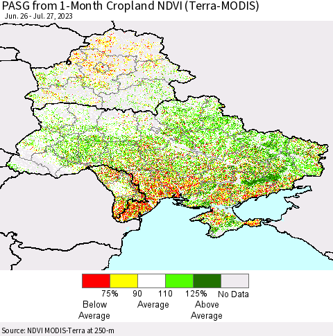 Ukraine, Moldova and Belarus PASG from 1-Month Cropland NDVI (Terra-MODIS) Thematic Map For 7/20/2023 - 7/27/2023