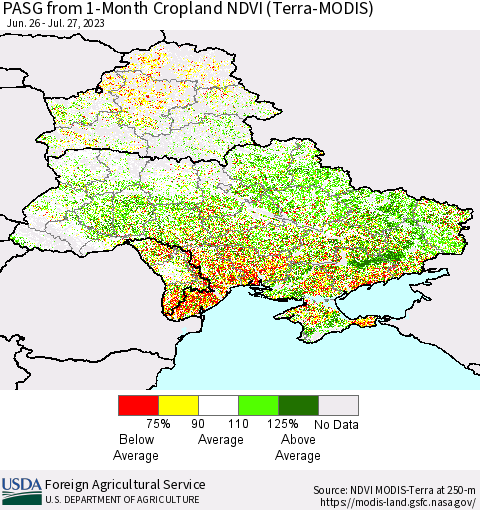 Ukraine, Moldova and Belarus PASG from 1-Month Cropland NDVI (Terra-MODIS) Thematic Map For 7/21/2023 - 7/31/2023