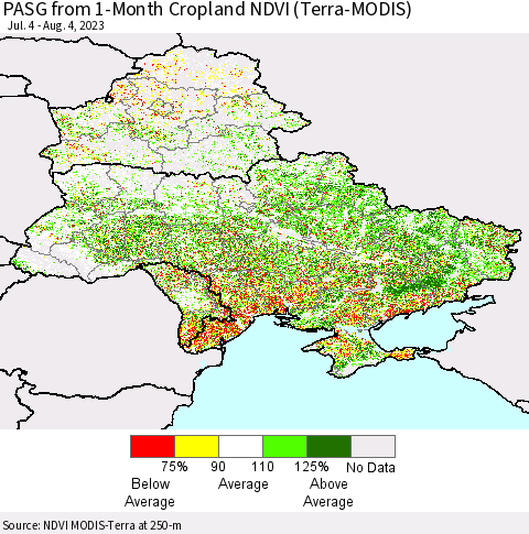 Ukraine, Moldova and Belarus PASG from 1-Month Cropland NDVI (Terra-MODIS) Thematic Map For 7/28/2023 - 8/4/2023