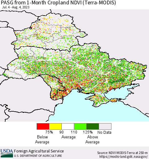 Ukraine, Moldova and Belarus PASG from 1-Month Cropland NDVI (Terra-MODIS) Thematic Map For 8/1/2023 - 8/10/2023