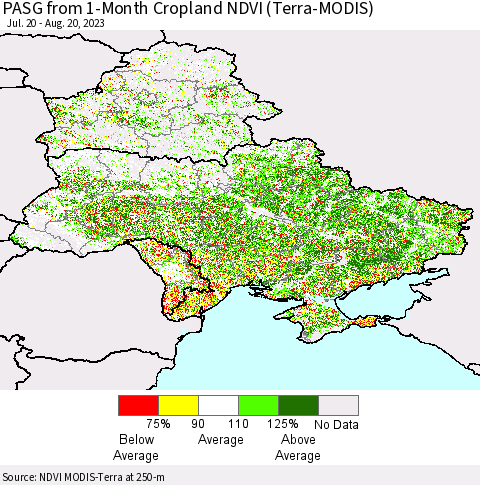 Ukraine, Moldova and Belarus PASG from 1-Month Cropland NDVI (Terra-MODIS) Thematic Map For 8/11/2023 - 8/20/2023
