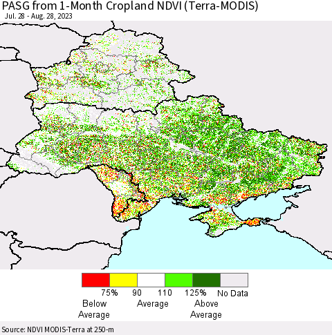 Ukraine, Moldova and Belarus PASG from 1-Month Cropland NDVI (Terra-MODIS) Thematic Map For 8/21/2023 - 8/28/2023