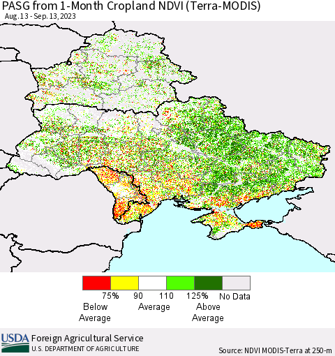 Ukraine, Moldova and Belarus PASG from 1-Month Cropland NDVI (Terra-MODIS) Thematic Map For 9/11/2023 - 9/20/2023