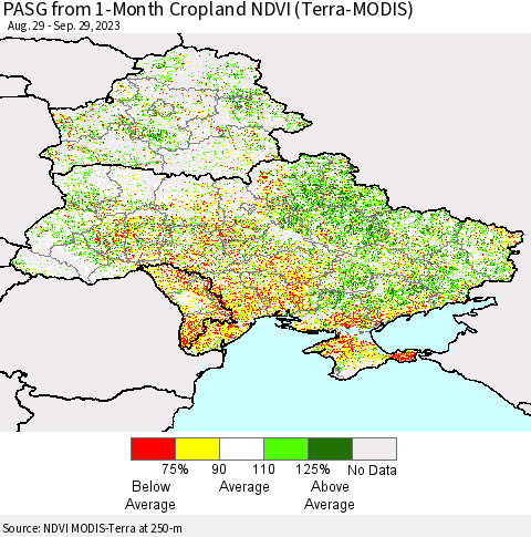 Ukraine, Moldova and Belarus PASG from 1-Month Cropland NDVI (Terra-MODIS) Thematic Map For 9/22/2023 - 9/29/2023