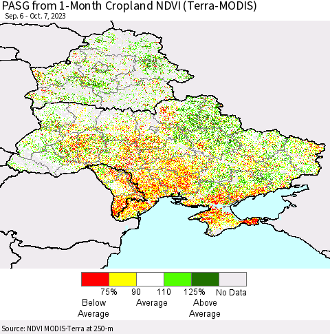 Ukraine, Moldova and Belarus PASG from 1-Month Cropland NDVI (Terra-MODIS) Thematic Map For 9/30/2023 - 10/7/2023