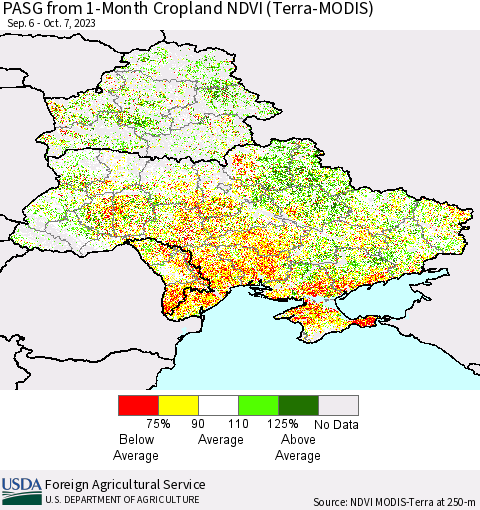 Ukraine, Moldova and Belarus PASG from 1-Month Cropland NDVI (Terra-MODIS) Thematic Map For 10/1/2023 - 10/10/2023