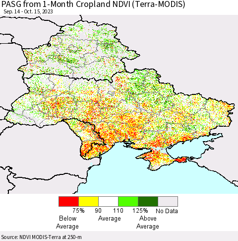 Ukraine, Moldova and Belarus PASG from 1-Month Cropland NDVI (Terra-MODIS) Thematic Map For 10/8/2023 - 10/15/2023