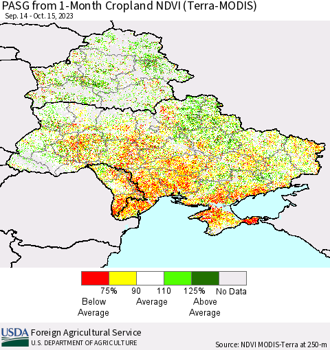 Ukraine, Moldova and Belarus PASG from 1-Month Cropland NDVI (Terra-MODIS) Thematic Map For 10/11/2023 - 10/20/2023