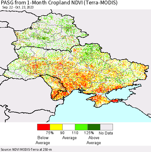 Ukraine, Moldova and Belarus PASG from 1-Month Cropland NDVI (Terra-MODIS) Thematic Map For 10/16/2023 - 10/23/2023