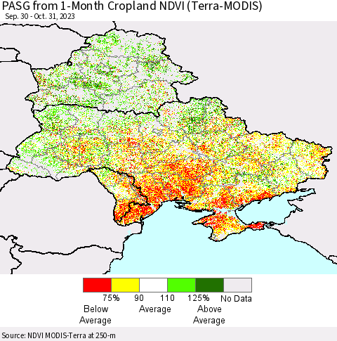 Ukraine, Moldova and Belarus PASG from 1-Month Cropland NDVI (Terra-MODIS) Thematic Map For 10/21/2023 - 10/31/2023