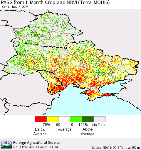Ukraine, Moldova and Belarus PASG from 1-Month Cropland NDVI (Terra-MODIS) Thematic Map For 11/1/2023 - 11/10/2023